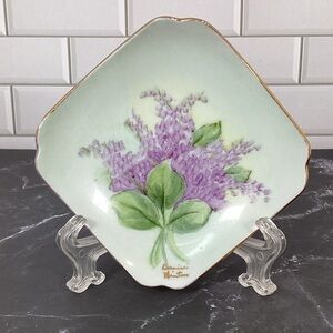 Vintage Hand Painted Porcelain Jewelry Trinket Dish Lilac Gold Leaf Edge